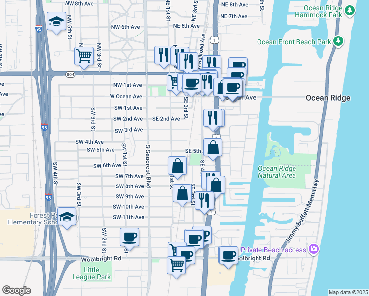 map of restaurants, bars, coffee shops, grocery stores, and more near 225 Southeast 5th Avenue in Boynton Beach