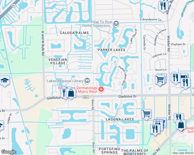 map of restaurants, bars, coffee shops, grocery stores, and more near 15051 Bridgeway Lane in Fort Myers