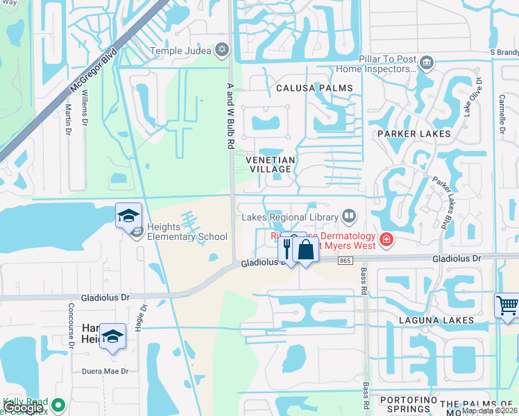 map of restaurants, bars, coffee shops, grocery stores, and more near 9969 Palmarrosa Way in Fort Myers