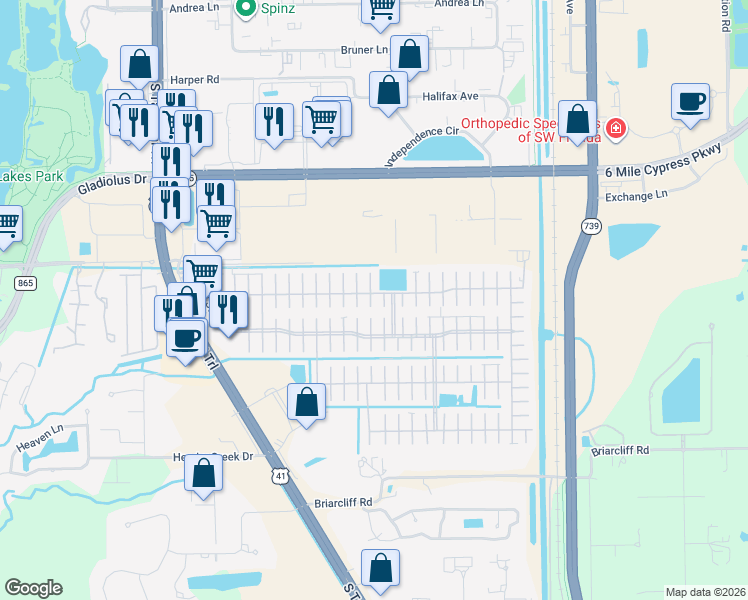 map of restaurants, bars, coffee shops, grocery stores, and more near 18 Moa Court in Fort Myers