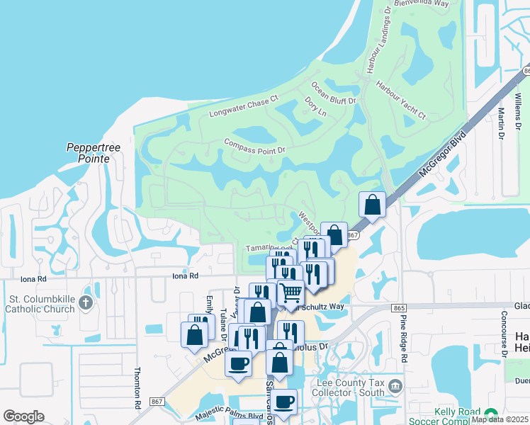 map of restaurants, bars, coffee shops, grocery stores, and more near 14672 Olde Millpond Court in Fort Myers