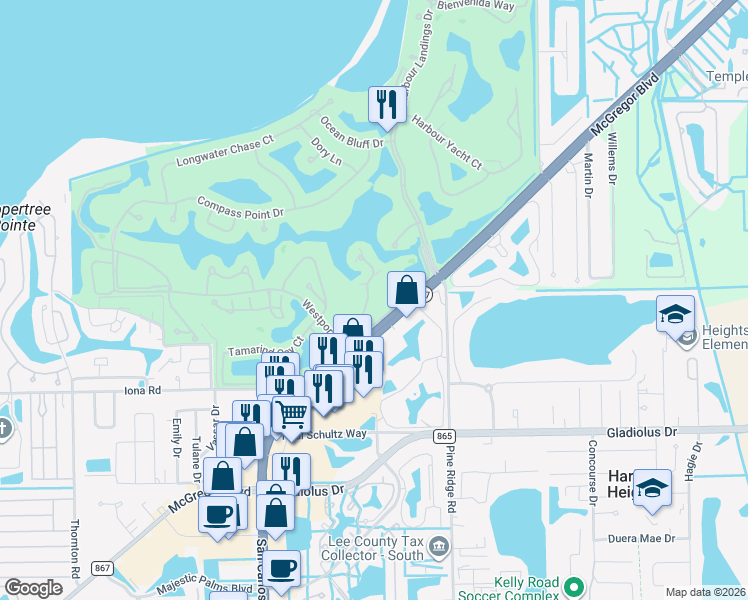 map of restaurants, bars, coffee shops, grocery stores, and more near 14967 Rivers Edge Court in Fort Myers