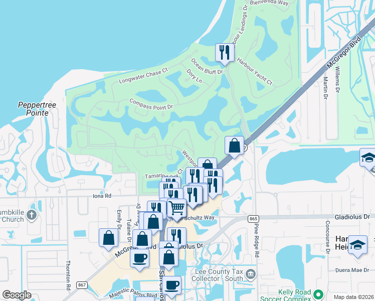 map of restaurants, bars, coffee shops, grocery stores, and more near 14811 Crooked Pond Court in Fort Myers