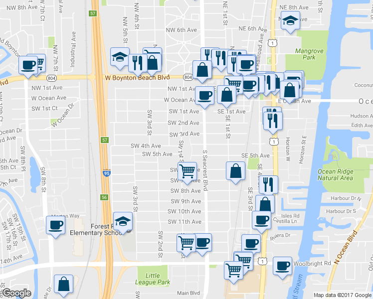 map of restaurants, bars, coffee shops, grocery stores, and more near 532 Southwest 1st Street in Boynton Beach