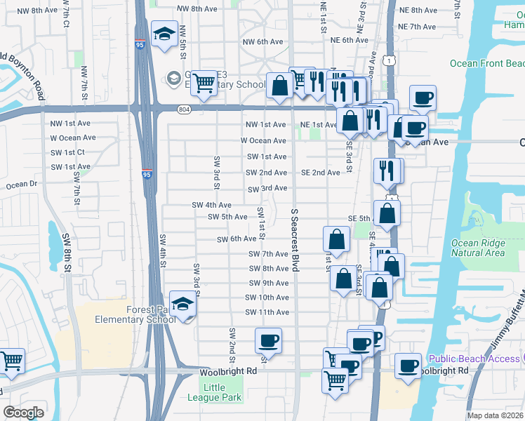 map of restaurants, bars, coffee shops, grocery stores, and more near 518 Southwest 1st Street in Boynton Beach
