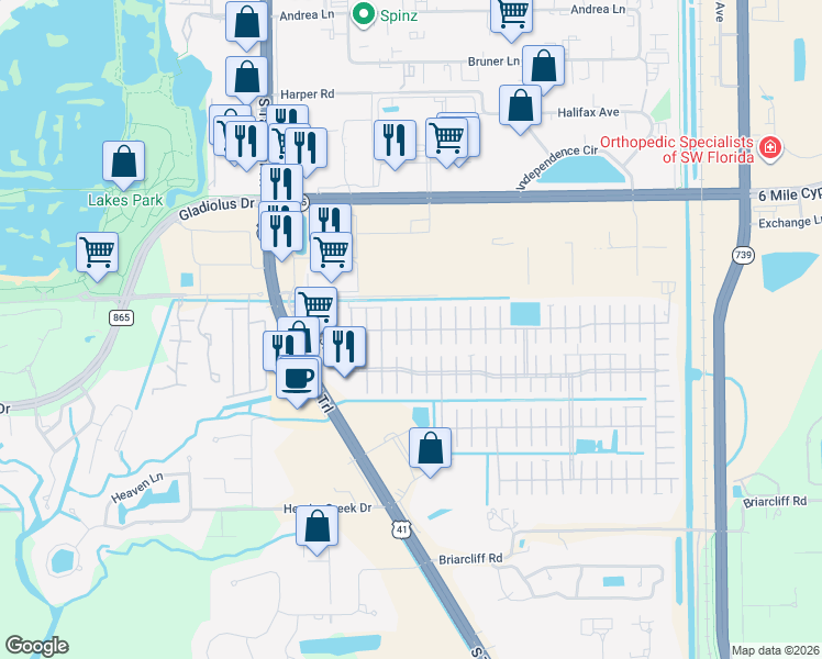 map of restaurants, bars, coffee shops, grocery stores, and more near Galina Court in Lee County
