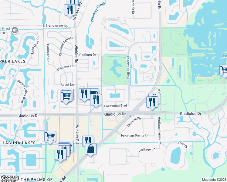 map of restaurants, bars, coffee shops, grocery stores, and more near 15044 Balmoral Loop in Fort Myers