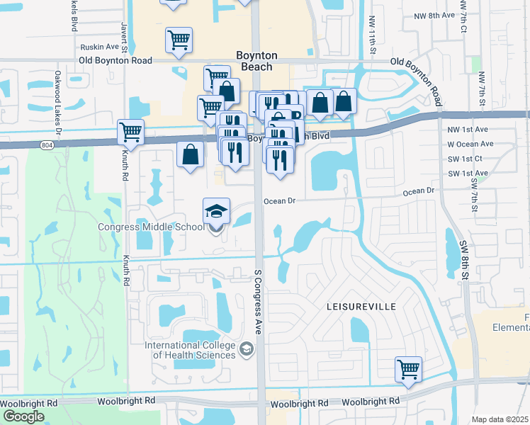 map of restaurants, bars, coffee shops, grocery stores, and more near 102 Ocean Drive in Boynton Beach