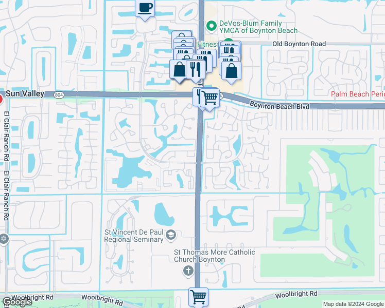 map of restaurants, bars, coffee shops, grocery stores, and more near 5040 Rose Hill Drive in Boynton Beach
