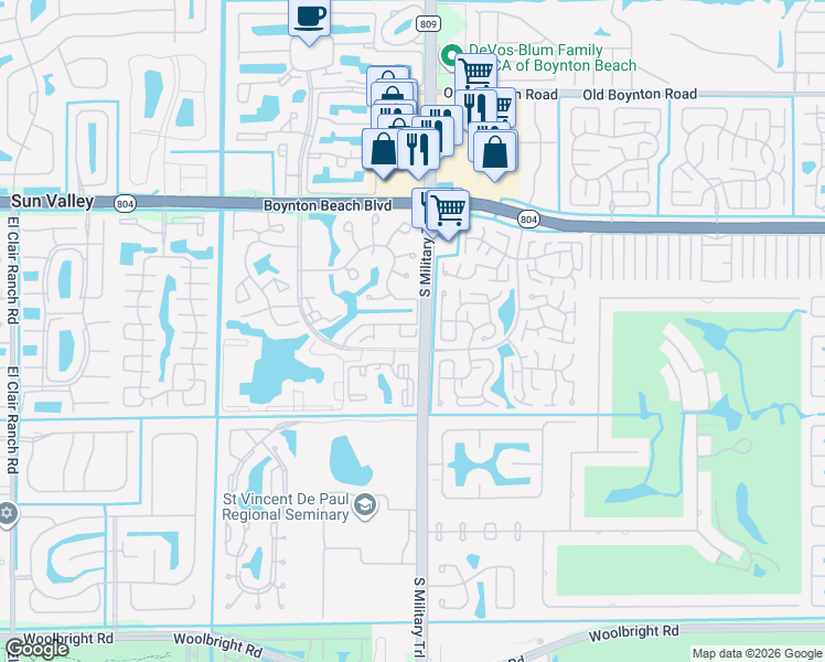 map of restaurants, bars, coffee shops, grocery stores, and more near 5040 Rose Hill Drive in Boynton Beach