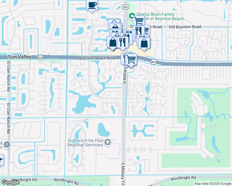 map of restaurants, bars, coffee shops, grocery stores, and more near 5040 Rose Hill Drive in Boynton Beach