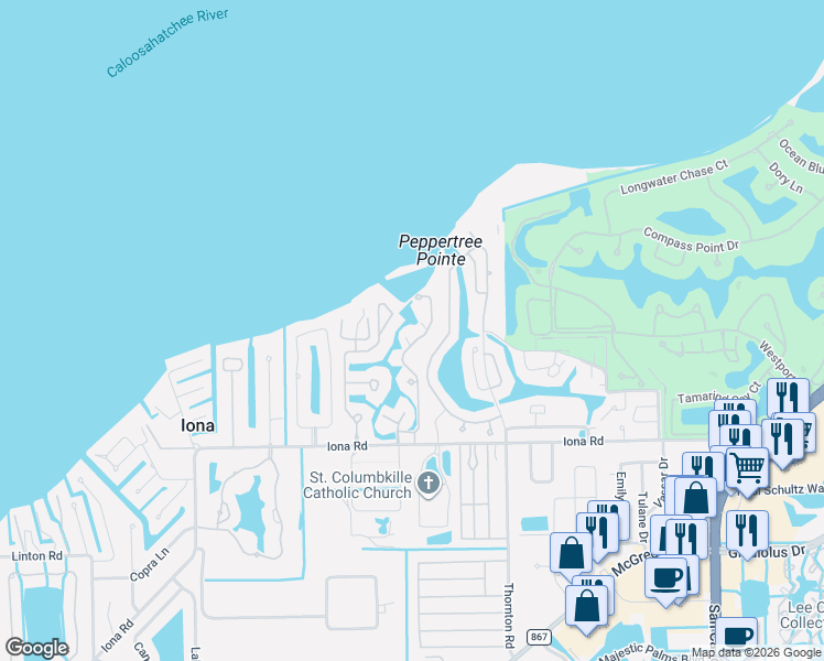 map of restaurants, bars, coffee shops, grocery stores, and more near 15180 Harbour Isle Drive in Fort Myers