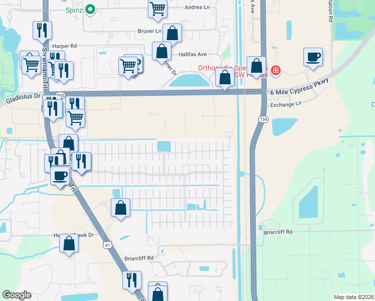 map of restaurants, bars, coffee shops, grocery stores, and more near 16 Quanery Court in Fort Myers