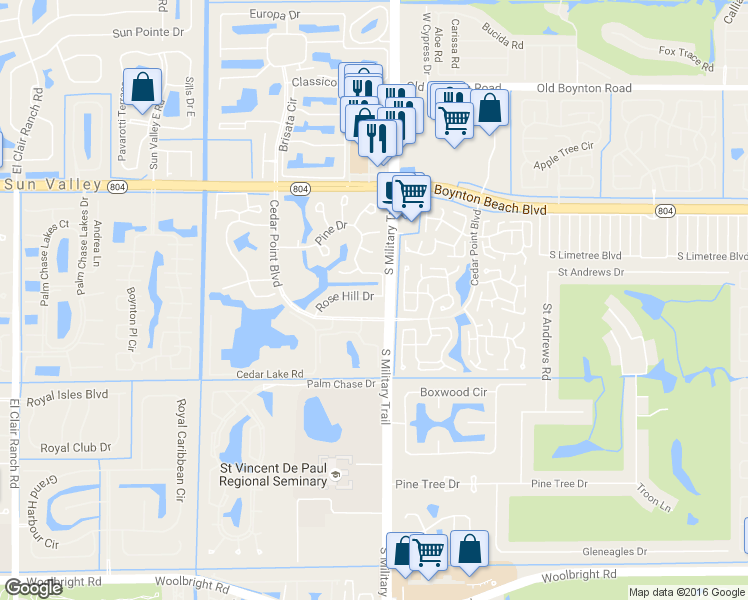 map of restaurants, bars, coffee shops, grocery stores, and more near 5040 Rose Hill Drive in Boynton Beach