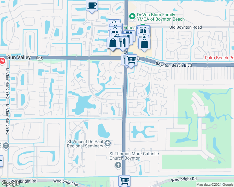 map of restaurants, bars, coffee shops, grocery stores, and more near 5040 Rose Hill Drive in Boynton Beach