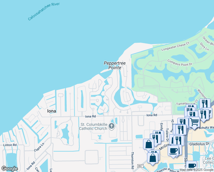 map of restaurants, bars, coffee shops, grocery stores, and more near 15180 Harbour Isle Drive in Fort Myers