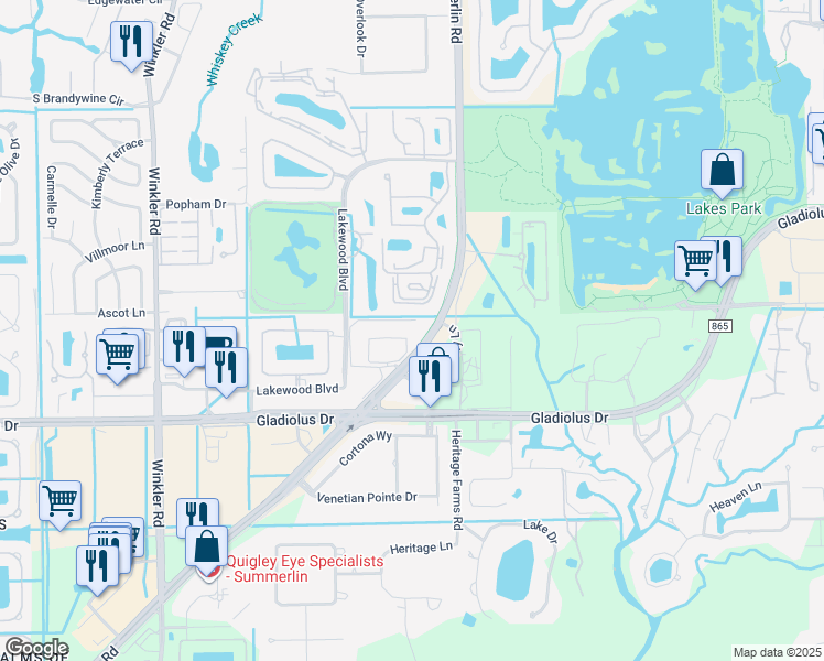 map of restaurants, bars, coffee shops, grocery stores, and more near 8200 Summerlin Village Circle in Fort Myers