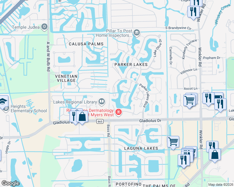 map of restaurants, bars, coffee shops, grocery stores, and more near 15051 Bridgeway Lane in Fort Myers