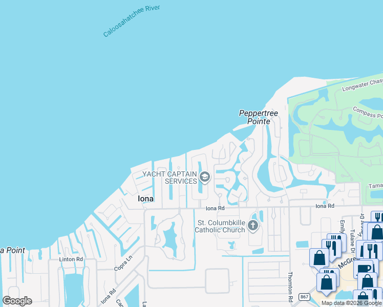 map of restaurants, bars, coffee shops, grocery stores, and more near 15007 Bonaire Circle in Fort Myers