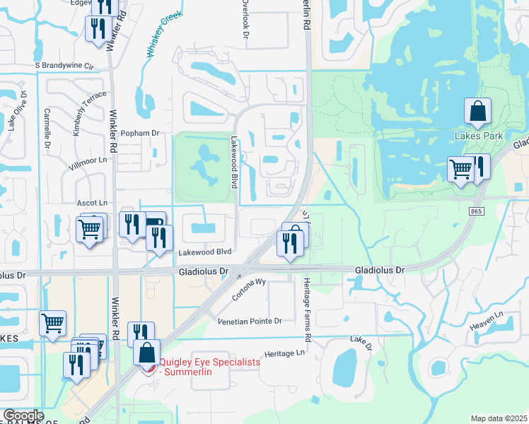 map of restaurants, bars, coffee shops, grocery stores, and more near 8121 South Woods Circle in Fort Myers