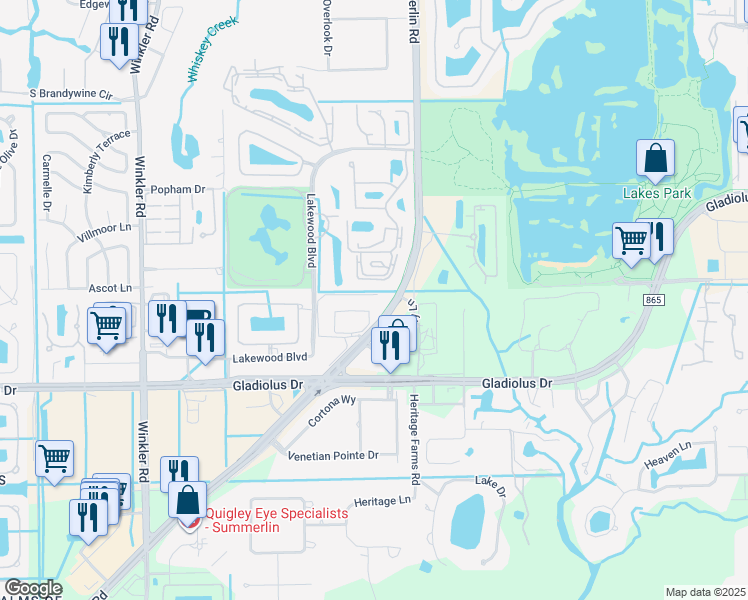 map of restaurants, bars, coffee shops, grocery stores, and more near 8121 South Woods Circle in Fort Myers