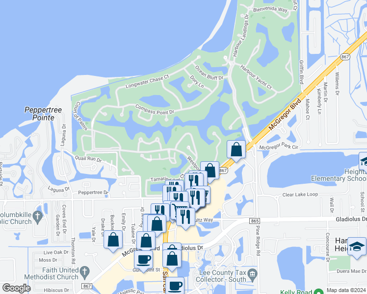 map of restaurants, bars, coffee shops, grocery stores, and more near 14823 Crooked Pond Court in Fort Myers