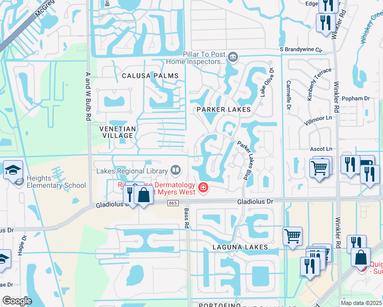 map of restaurants, bars, coffee shops, grocery stores, and more near 9321 Water Lily Court in Fort Myers