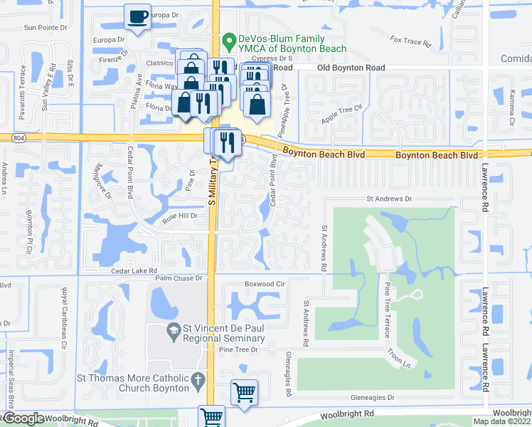 map of restaurants, bars, coffee shops, grocery stores, and more near 10344 South Military Trail in Boynton Beach