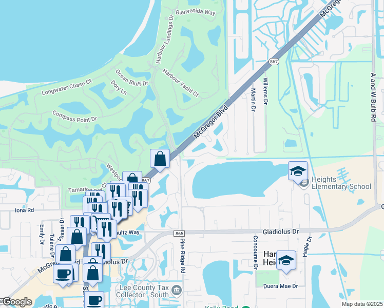 map of restaurants, bars, coffee shops, grocery stores, and more near 2002 McGregor Park Circle in Fort Myers