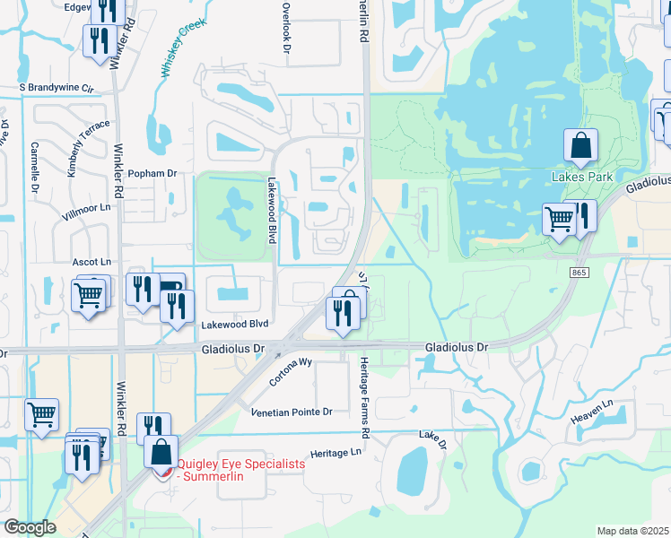 map of restaurants, bars, coffee shops, grocery stores, and more near 8081 South Woods Circle in Fort Myers
