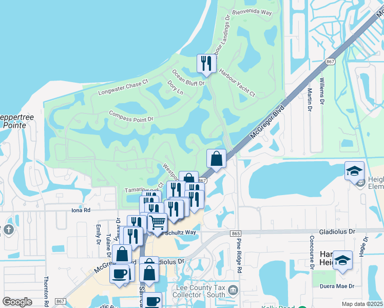 map of restaurants, bars, coffee shops, grocery stores, and more near 14985 Rivers Edge Court in Fort Myers