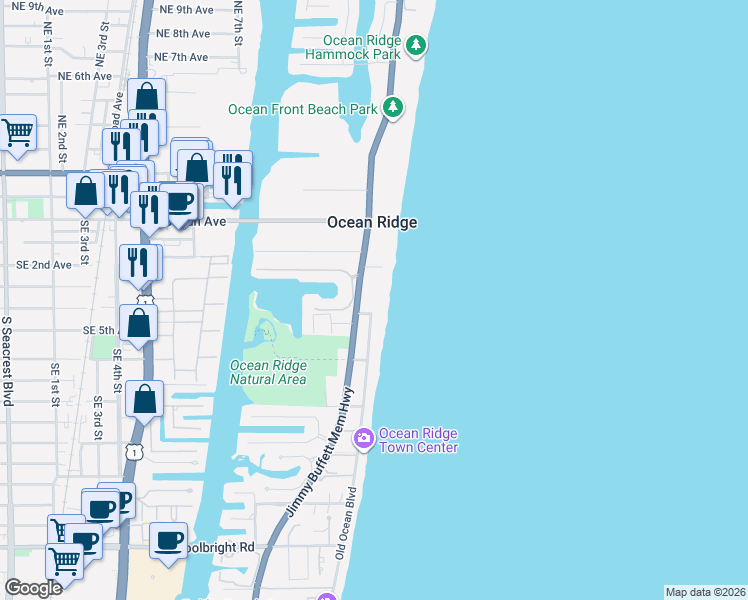 map of restaurants, bars, coffee shops, grocery stores, and more near 25 Edith Avenue in Ocean Ridge