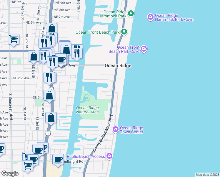 map of restaurants, bars, coffee shops, grocery stores, and more near 6110 North Ocean Boulevard in Ocean Ridge