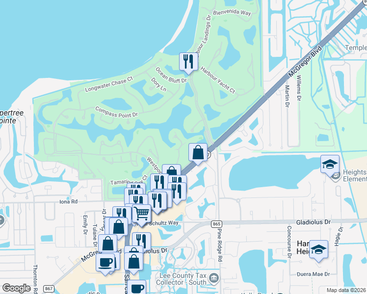 map of restaurants, bars, coffee shops, grocery stores, and more near 14985 Rivers Edge Court in Fort Myers