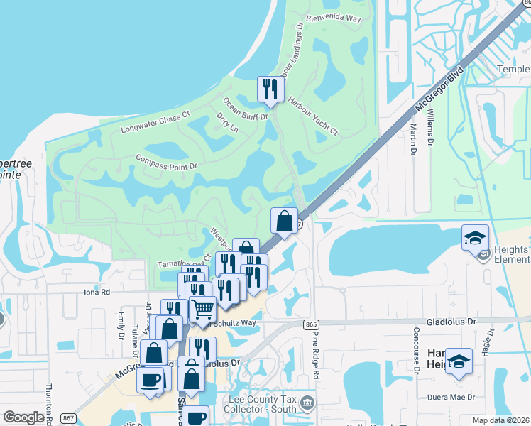 map of restaurants, bars, coffee shops, grocery stores, and more near 14985 Rivers Edge Court in Fort Myers