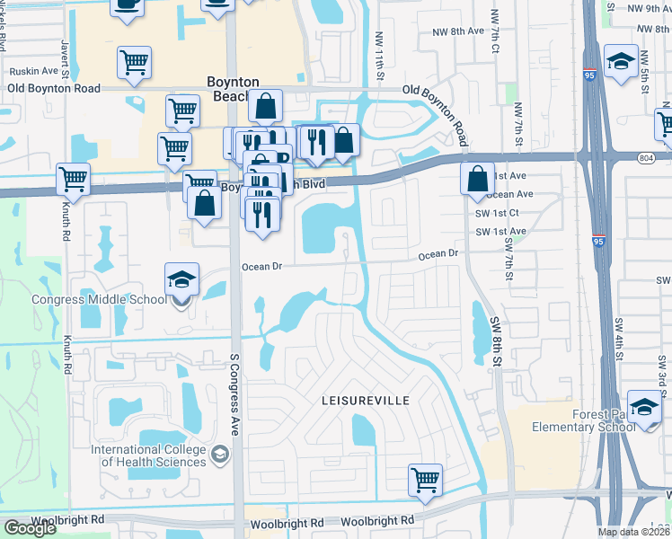map of restaurants, bars, coffee shops, grocery stores, and more near 106 Leisure Lake Circle in Boynton Beach
