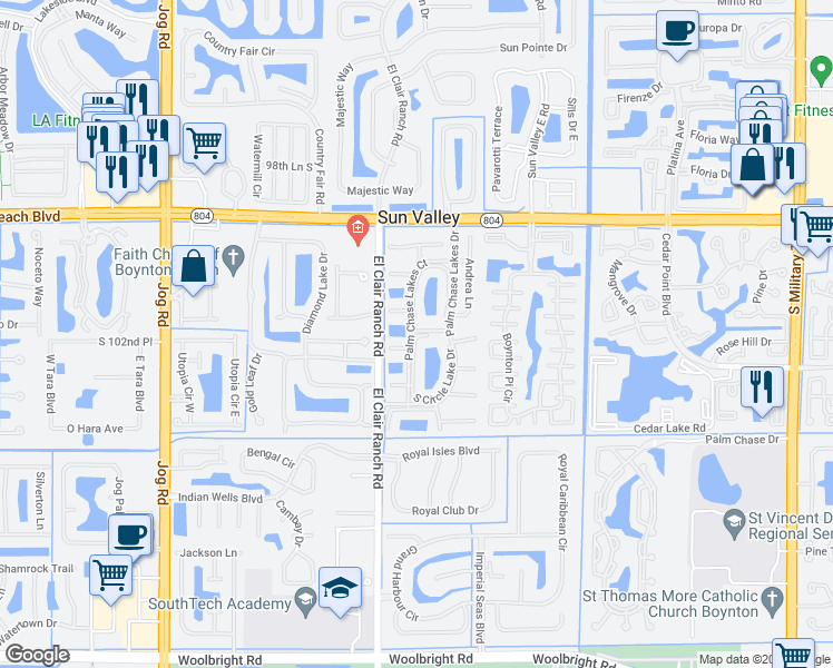 map of restaurants, bars, coffee shops, grocery stores, and more near 5888 Center Court Drive in Boynton Beach