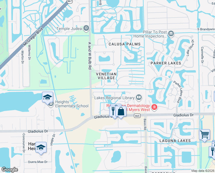 map of restaurants, bars, coffee shops, grocery stores, and more near 9790 Las Casas Drive in Fort Myers