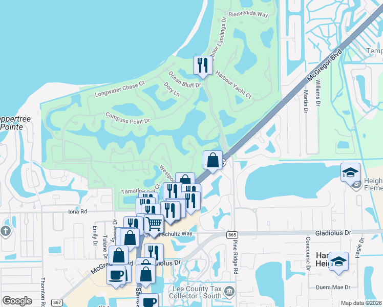 map of restaurants, bars, coffee shops, grocery stores, and more near 14985 Rivers Edge Court in Fort Myers