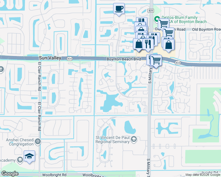 map of restaurants, bars, coffee shops, grocery stores, and more near 5306 Cedar Lake Drive in Boynton Beach