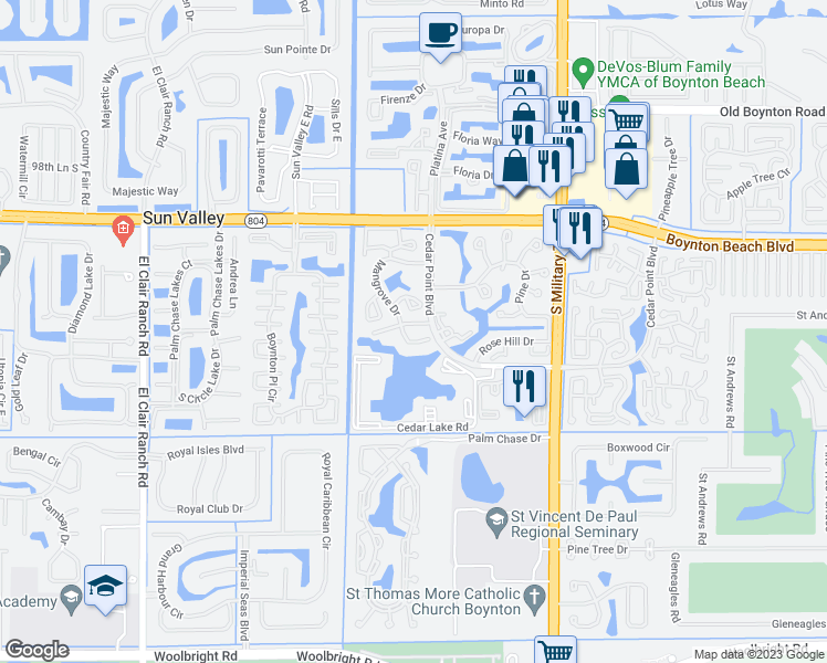 map of restaurants, bars, coffee shops, grocery stores, and more near 5306 Cedar Lake Drive in Boynton Beach