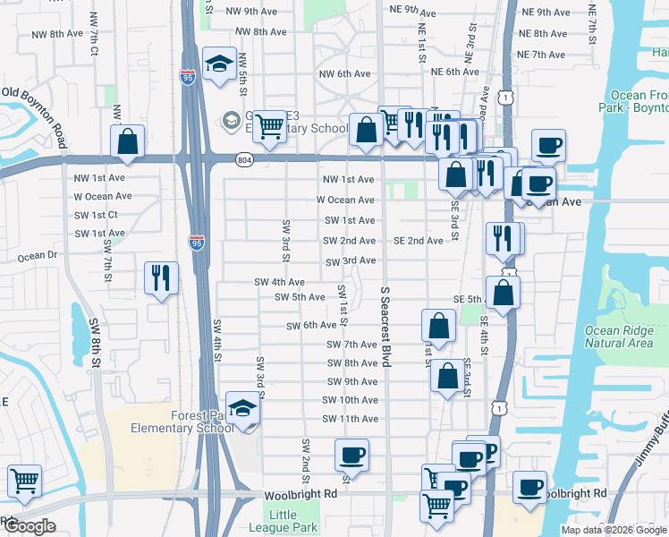 map of restaurants, bars, coffee shops, grocery stores, and more near 320 Southwest 2nd Street in Boynton Beach