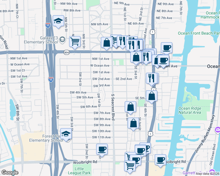 map of restaurants, bars, coffee shops, grocery stores, and more near 111 Southeast 3rd Avenue in Boynton Beach
