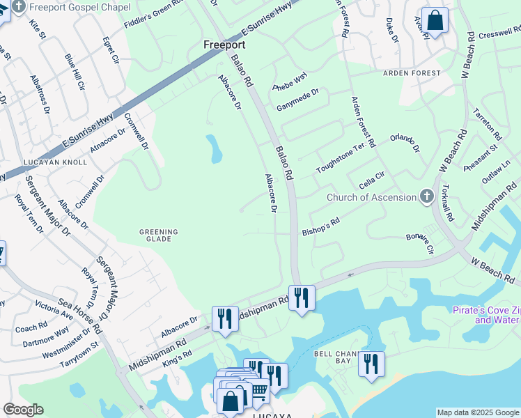 map of restaurants, bars, coffee shops, grocery stores, and more near Albacore Drive in Freeport