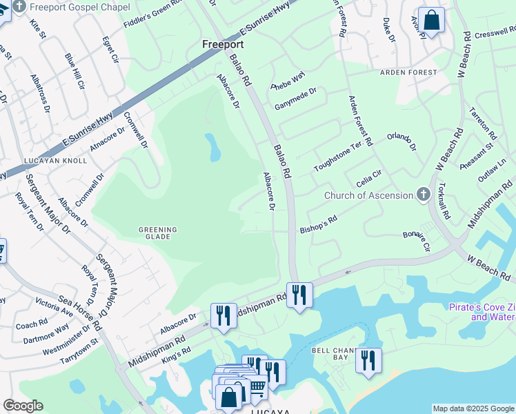 map of restaurants, bars, coffee shops, grocery stores, and more near Albacore Drive in Freeport