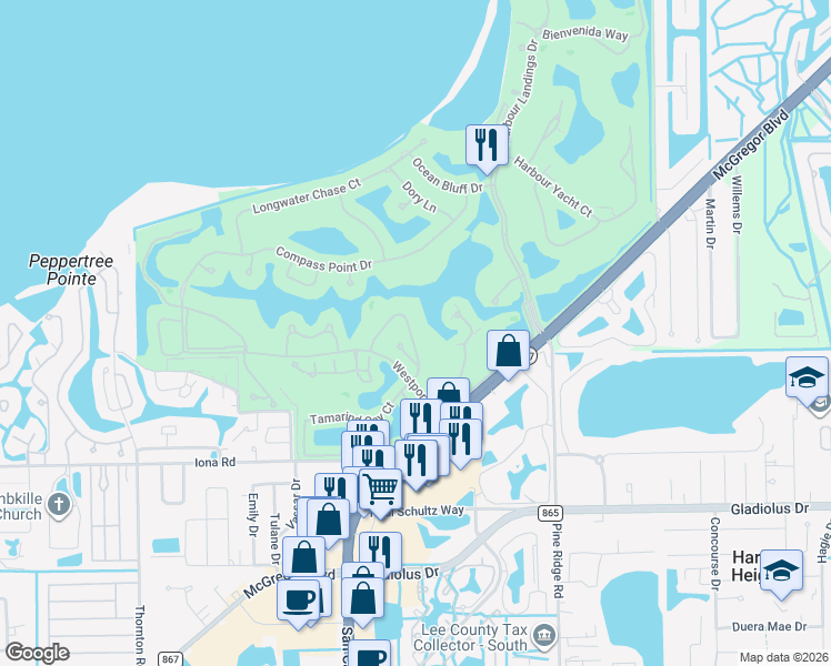 map of restaurants, bars, coffee shops, grocery stores, and more near 14862 Crescent Cove Drive in Fort Myers