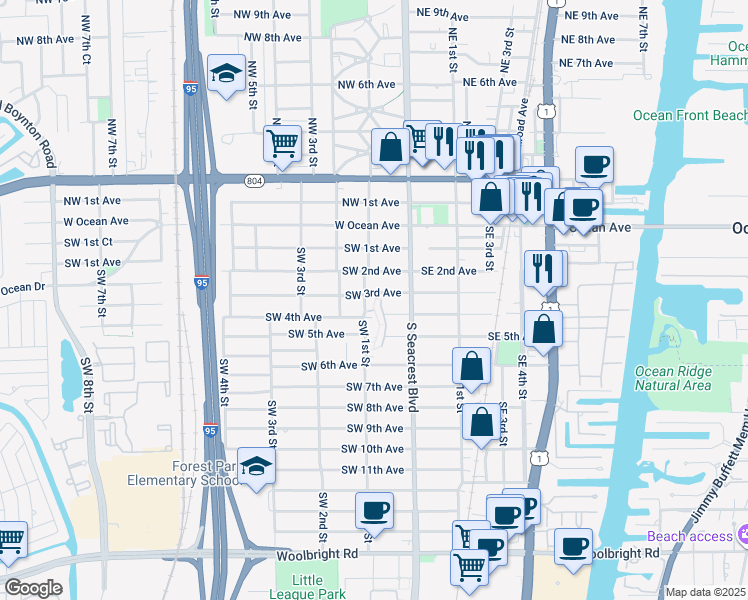 map of restaurants, bars, coffee shops, grocery stores, and more near 200 Southwest 3rd Avenue in Boynton Beach