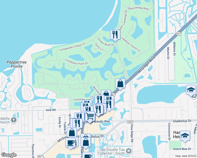 map of restaurants, bars, coffee shops, grocery stores, and more near 14862 Crescent Cove Drive in Fort Myers