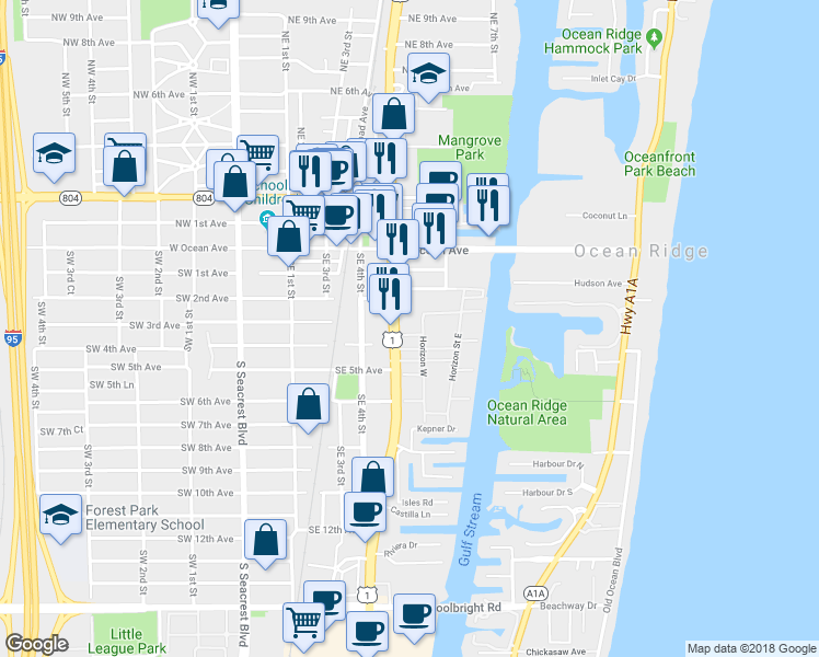 map of restaurants, bars, coffee shops, grocery stores, and more near 340 Horizon Street West in Boynton Beach
