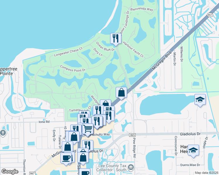 map of restaurants, bars, coffee shops, grocery stores, and more near 14985 Rivers Edge Court in Fort Myers